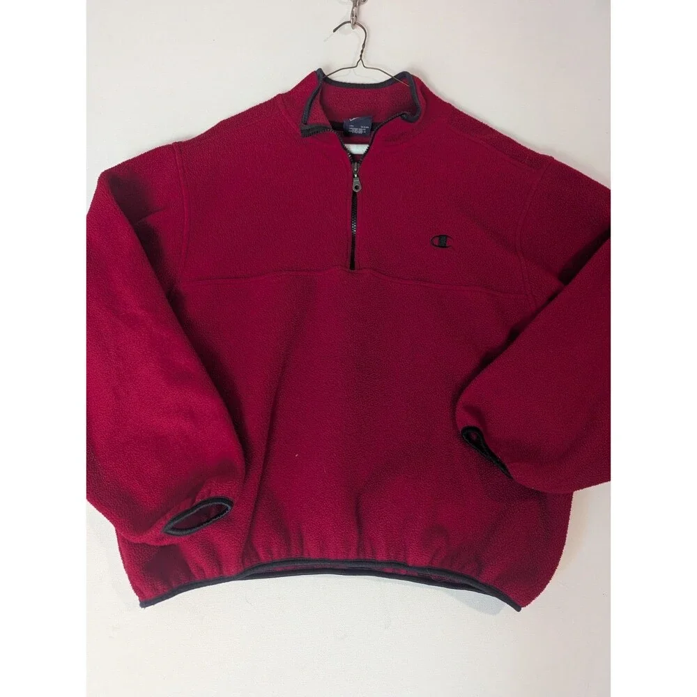 Champion Men's L Red Vintage 1990s Fleece 1/4 Zip Long Sleeve Pullover Y2k Prep
